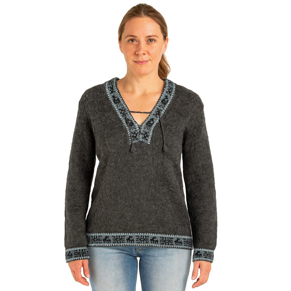 Womens Gray Peruvian Alpaca Hooded Lace Up Neck Boho Sweater Medium - Picture 1 of 8